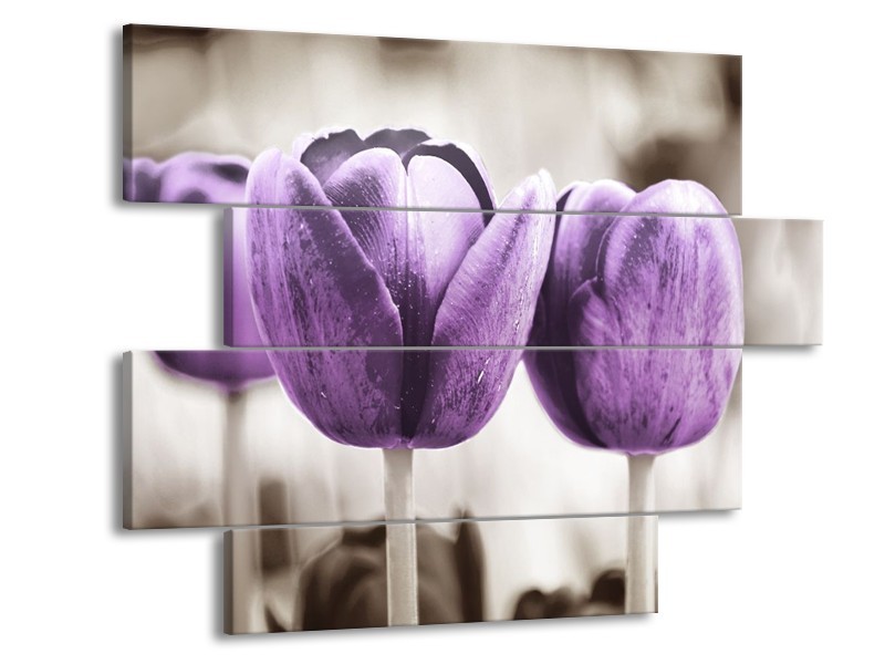Canvas schilderij Tulpen | Paars, Grijs, Wit | 115x85cm 4Luik