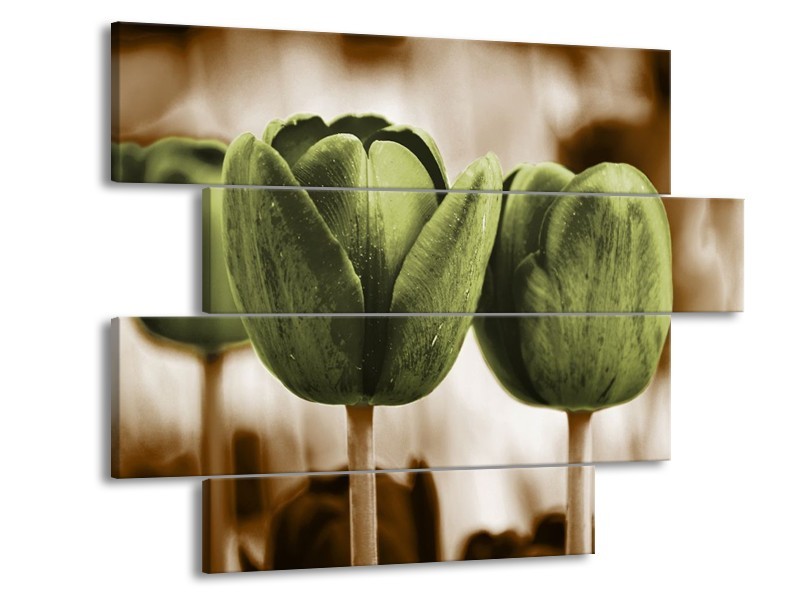 Canvas schilderij Tulpen | Bruin, Groen | 115x85cm 4Luik