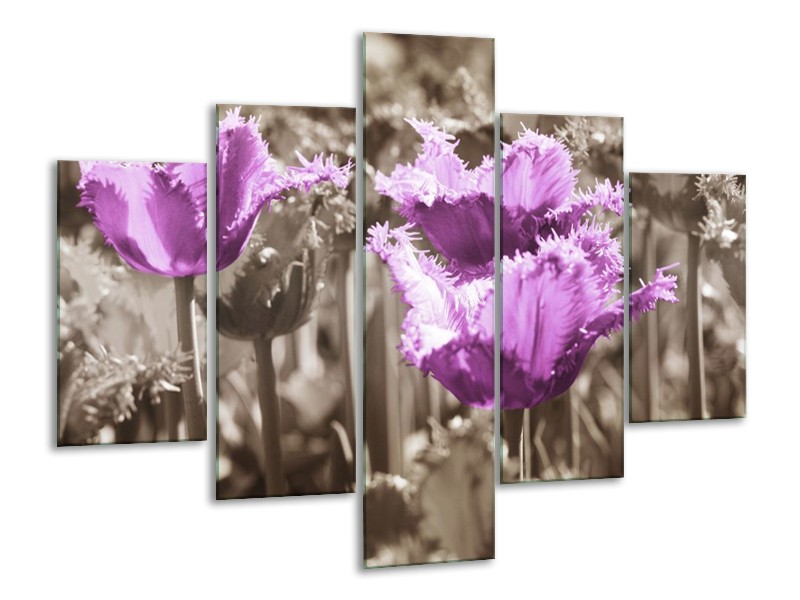 Canvas schilderij Tulpen | Paars, Bruin, Grijs | 100x70cm 5Luik