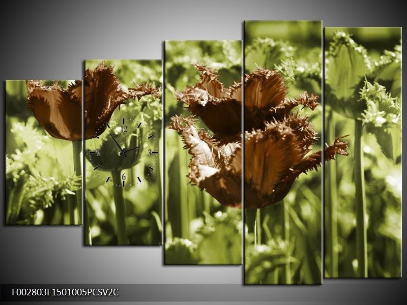 Klok schilderij Tulpen | Groen, Bruin | 150x100cm 5Luik