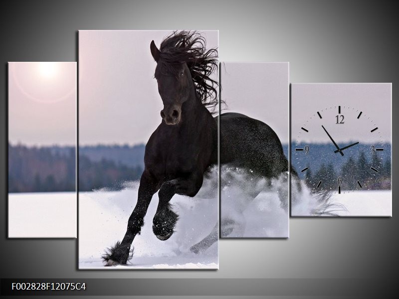 Klok schilderij Paard | Wit, Zwart, Grijs | 120x75cm 4Luik