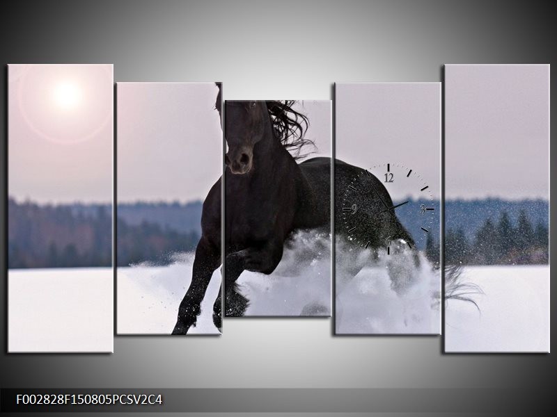 Klok schilderij Paard | Wit, Zwart, Grijs | 150x80cm 5Luik