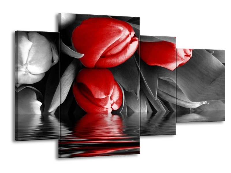 Canvas schilderij Tulpen | Rood, Grijs, Zwart | 120x75cm 4Luik