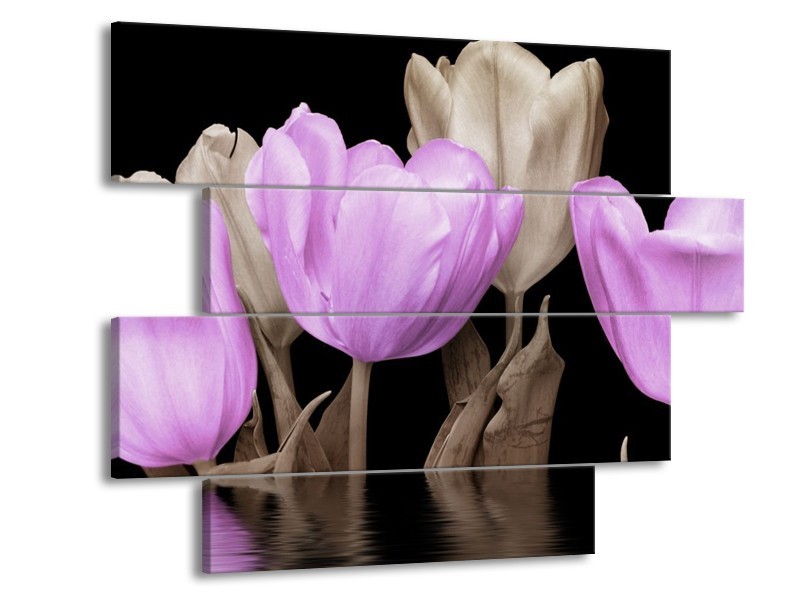 Canvas schilderij Tulpen | Paars, Grijs | 115x85cm 4Luik
