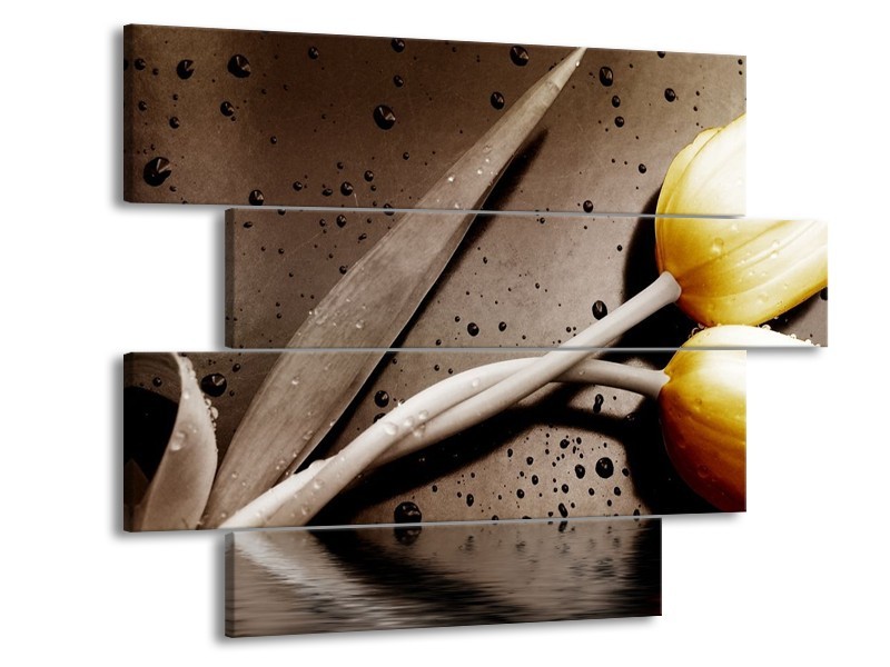 Canvas schilderij Tulpen | Geel, Bruin | 115x85cm 4Luik