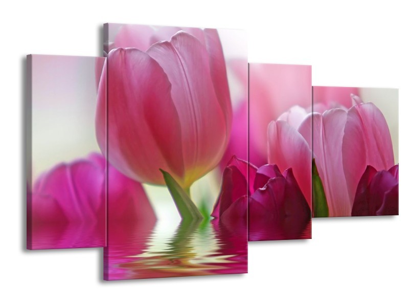 Canvas schilderij Tulpen | Roze, Wit, Groen | 120x75cm 4Luik
