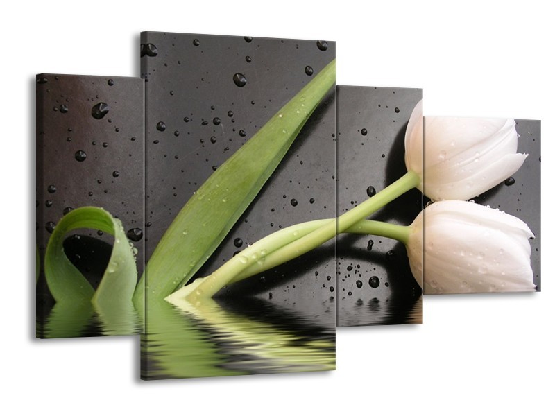 Canvas schilderij Tulpen | Wit, Groen, Grijs | 120x75cm 4Luik