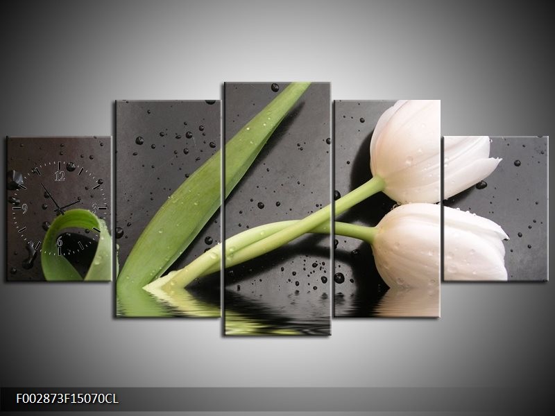 Klok schilderij Tulpen | Wit, Groen, Grijs | 150x70cm 5Luik