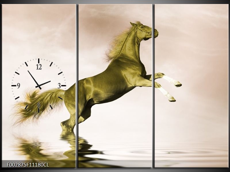 Klok schilderij Paard | Groen, Goud, Sepia | 111x80cm 3Luik