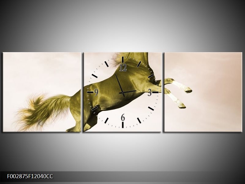 Klok schilderij Paard | Groen, Goud, Sepia | 120x40cm 3Luik