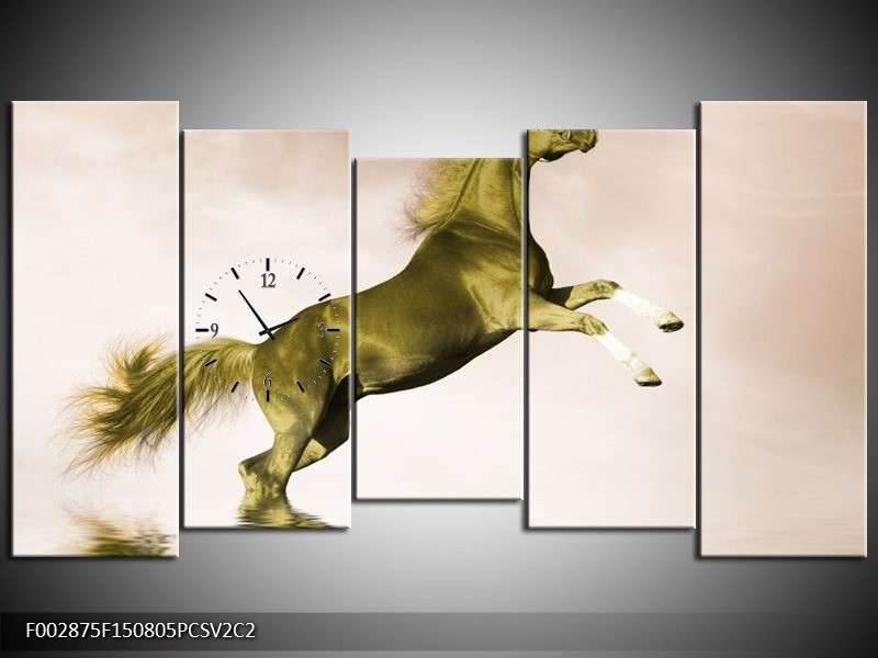 Klok schilderij Paard | Groen, Goud, Sepia | 150x80cm 5Luik