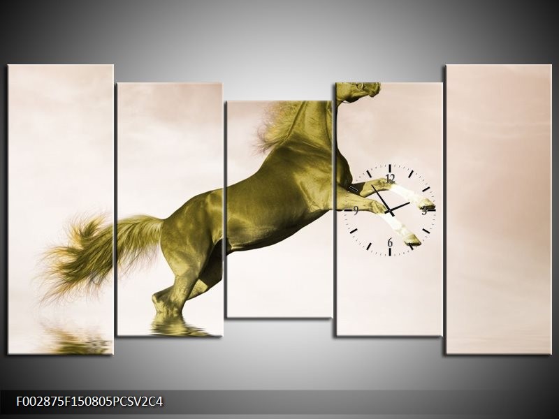 Klok schilderij Paard | Groen, Goud, Sepia | 150x80cm 5Luik