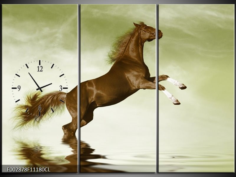 Klok schilderij Paard | Groen, Bruin | 111x80cm 3Luik