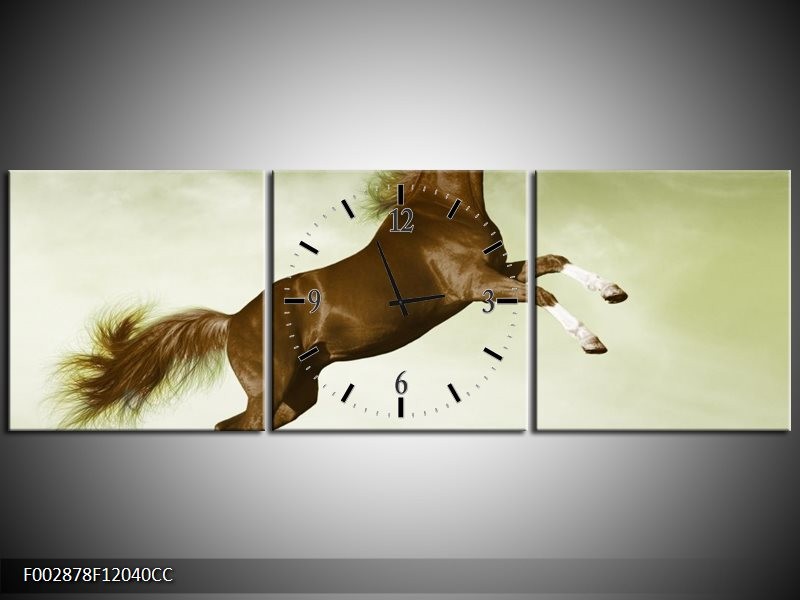 Klok schilderij Paard | Groen, Bruin | 120x40cm 3Luik