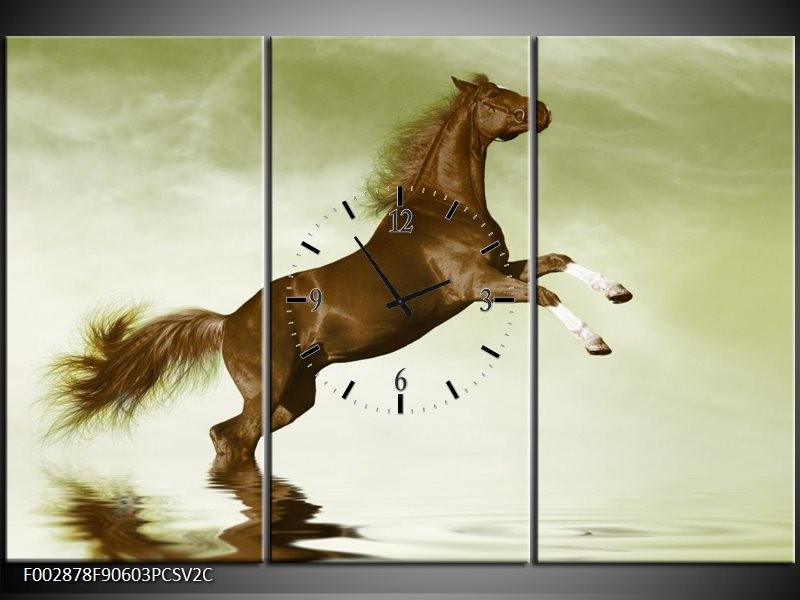 Klok schilderij Paard | Groen, Bruin | 90x60cm 3Luik
