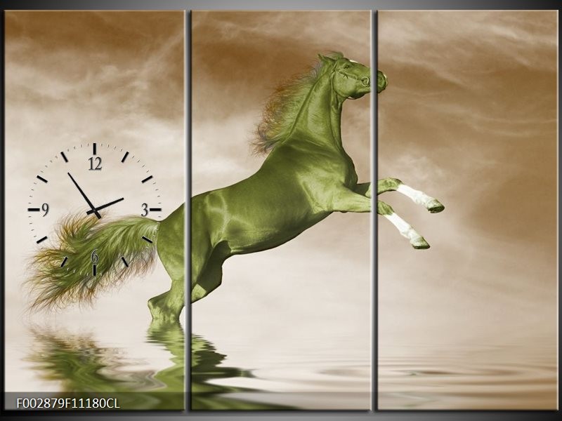 Klok schilderij Paard | Groen, Sepia, Bruin | 111x80cm 3Luik