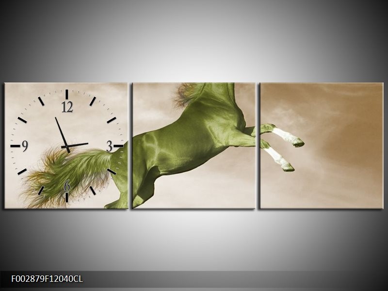 Klok schilderij Paard | Groen, Sepia, Bruin | 120x40cm 3Luik