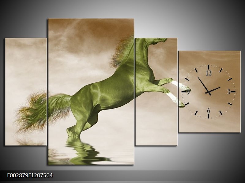 Klok schilderij Paard | Groen, Sepia, Bruin | 120x75cm 4Luik