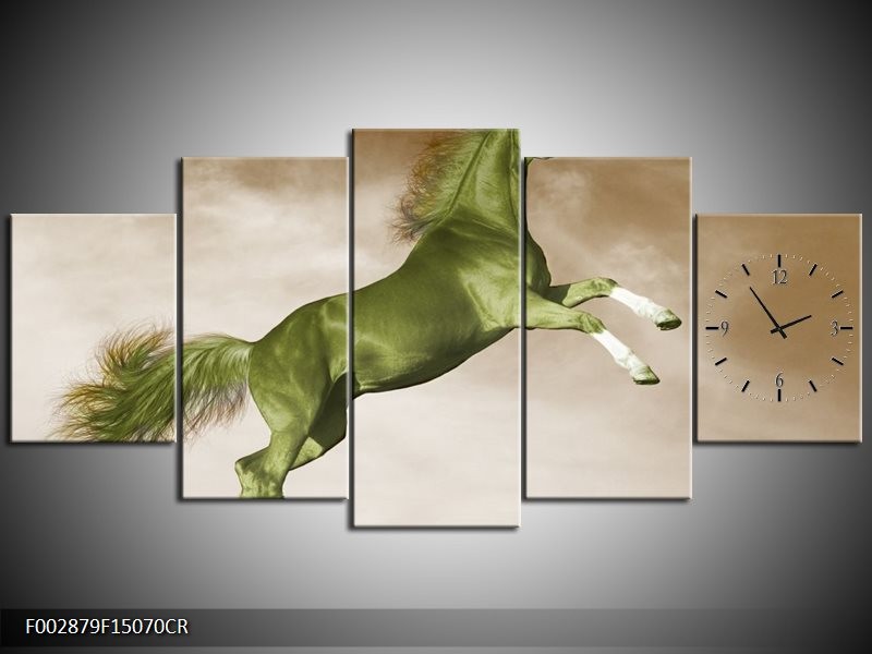 Klok schilderij Paard | Groen, Sepia, Bruin | 150x70cm 5Luik
