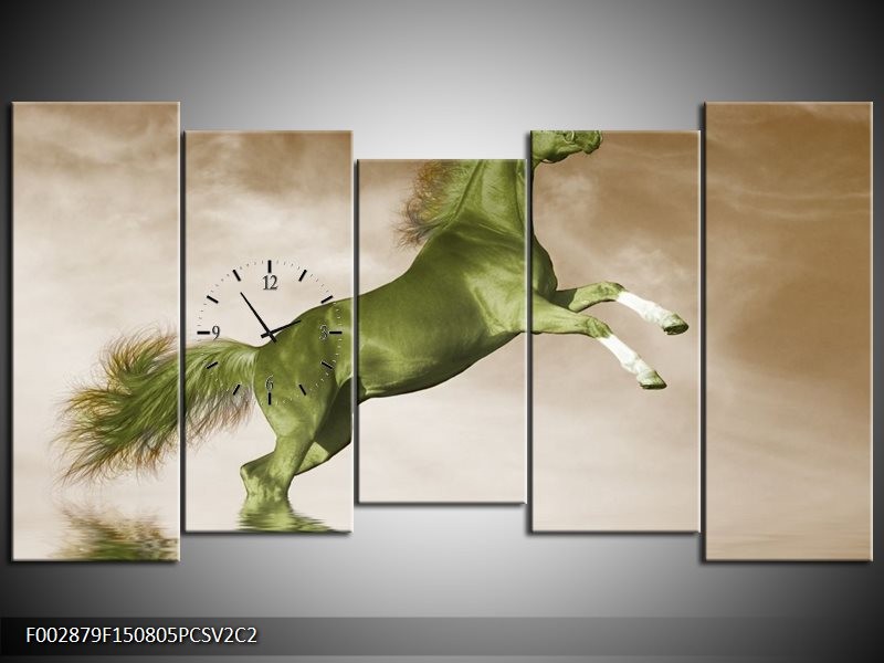 Klok schilderij Paard | Groen, Sepia, Bruin | 150x80cm 5Luik