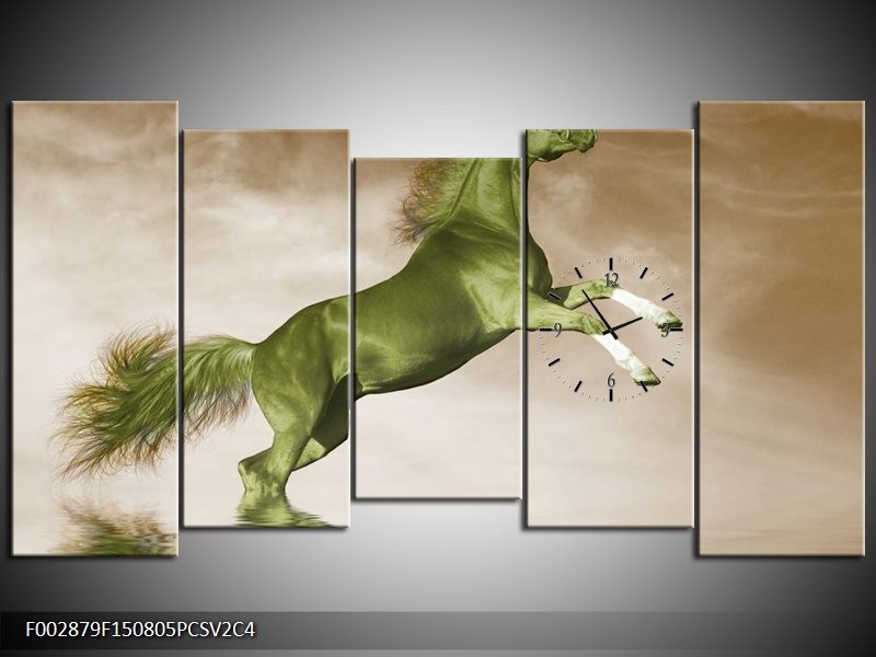 Klok schilderij Paard | Groen, Sepia, Bruin | 150x80cm 5Luik