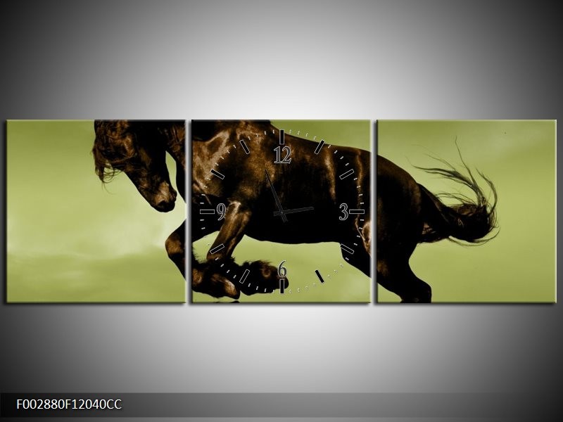 Klok schilderij Paard | Groen, Bruin, Zwart | 120x40cm 3Luik