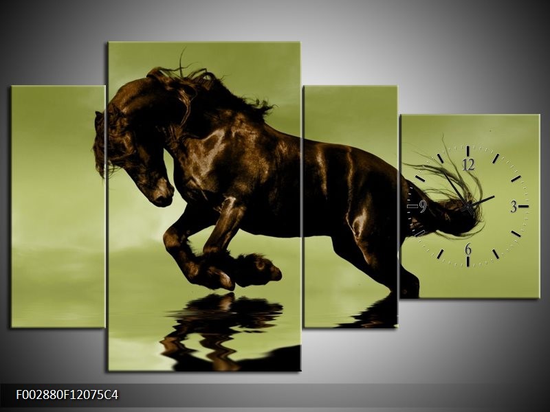 Klok schilderij Paard | Groen, Bruin, Zwart | 120x75cm 4Luik