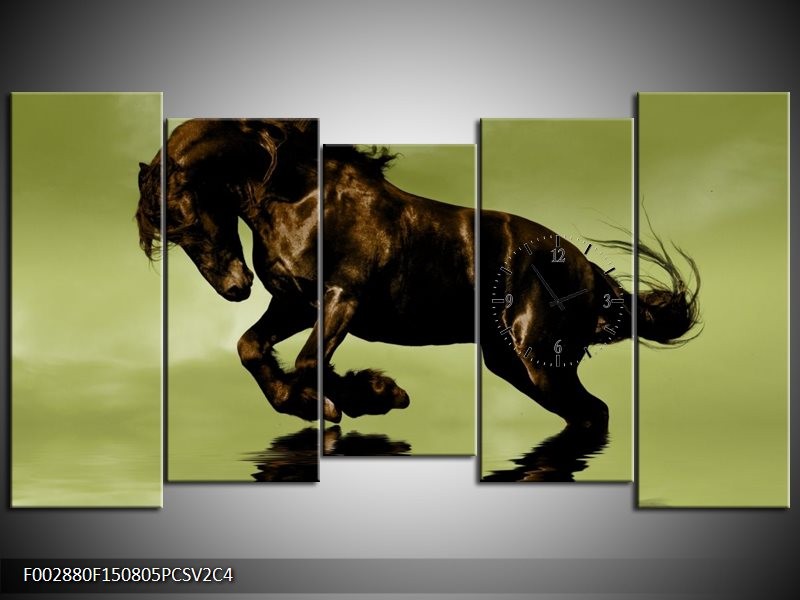 Klok schilderij Paard | Groen, Bruin, Zwart | 150x80cm 5Luik