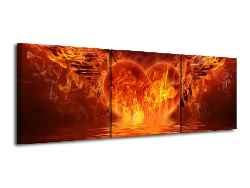 Canvas schilderij Hart | Oranje, Bruin, Geel | 120x40cm 3Luik