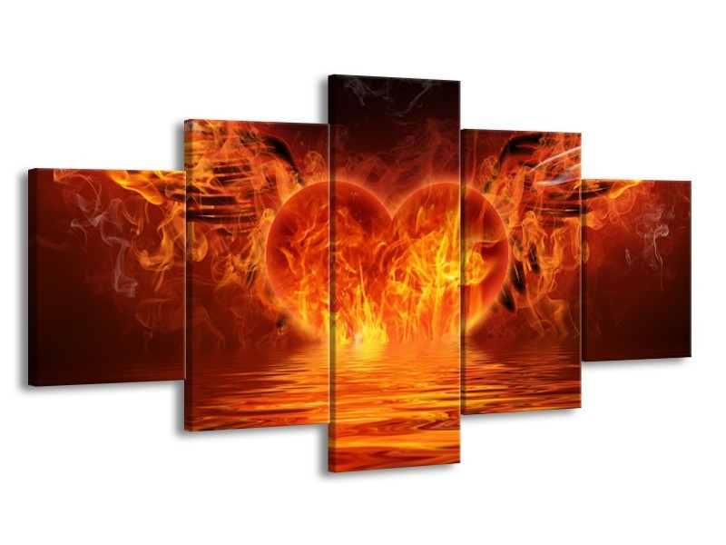 Canvas schilderij Hart | Oranje, Bruin, Geel | 150x80cm 5Luik