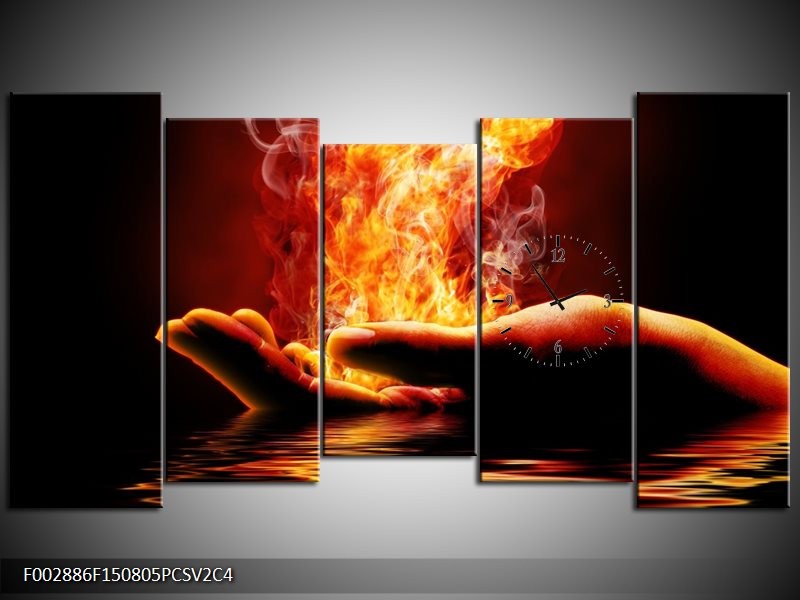 Klok schilderij Hand | Oranje, Bruin, Zwart | 150x80cm 5Luik