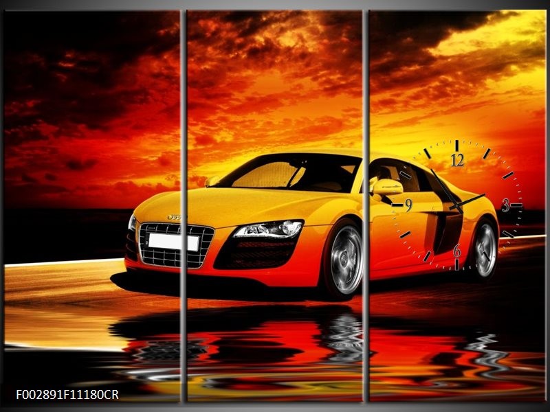 Klok schilderij Audi | Oranje, Zwart, Geel | 111x80cm 3Luik