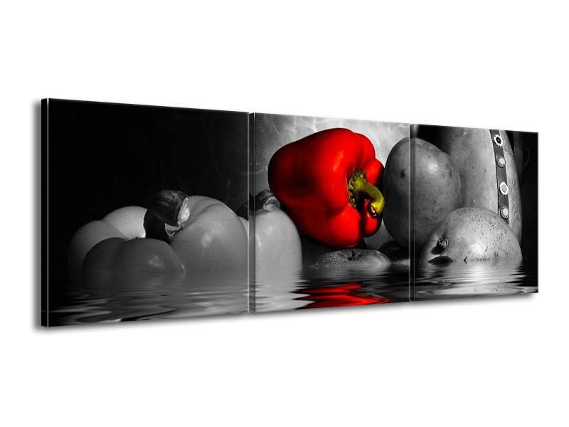Canvas schilderij Paprika | Rood, Grijs, Zwart | 150x50cm 3Luik