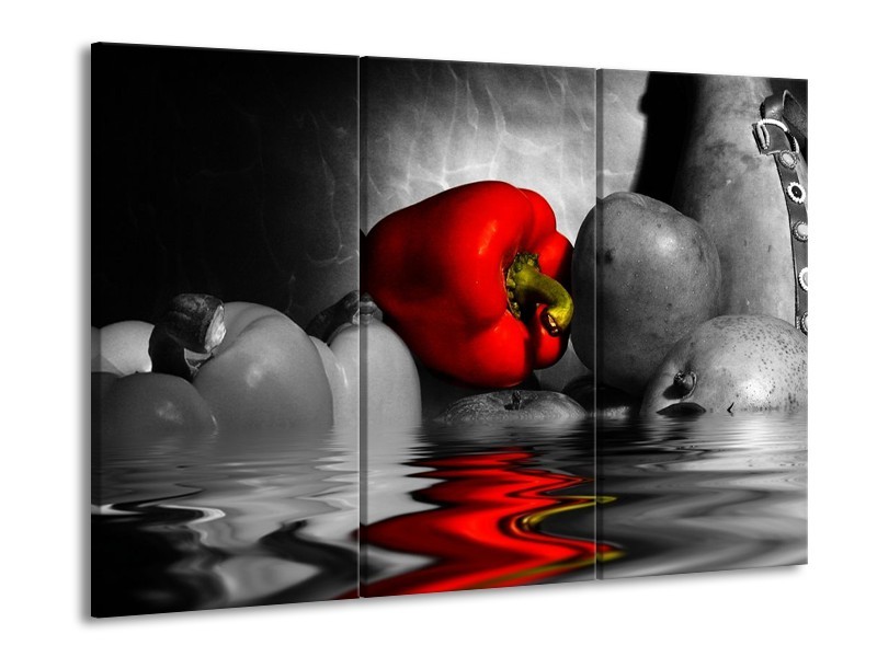 Canvas schilderij Paprika | Rood, Grijs, Zwart | 90x60cm 3Luik
