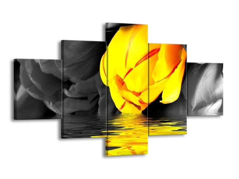Canvas schilderij Tulpen | Geel, Grijs, Zwart | 125x70cm 5Luik