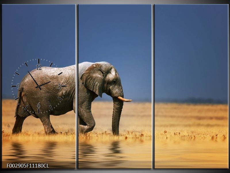 Klok schilderij Olifant | Blauw, Grijs, Geel | 111x80cm 3Luik