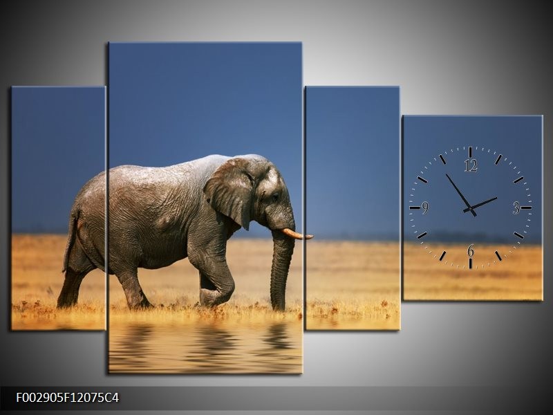 Klok schilderij Olifant | Blauw, Grijs, Geel | 120x75cm 4Luik