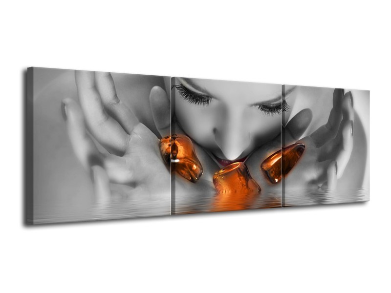 Canvas schilderij Gezicht | Oranje, Grijs | 120x40cm 3Luik