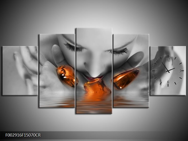 Klok schilderij Gezicht | Oranje, Grijs | 150x70cm 5Luik