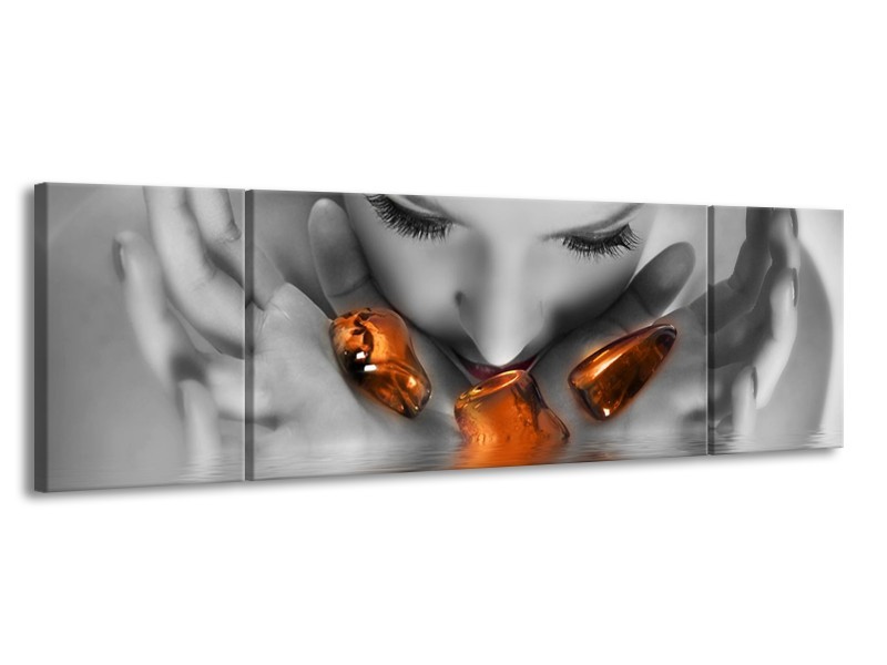 Canvas schilderij Gezicht | Oranje, Grijs | 170x50cm 3Luik