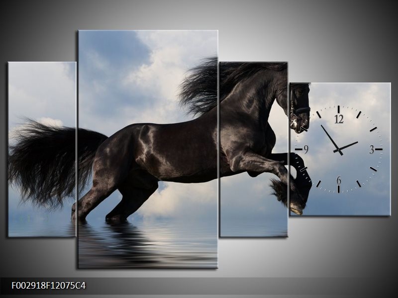 Klok schilderij Paard | Zwart, Blauw, Wit | 120x75cm 4Luik