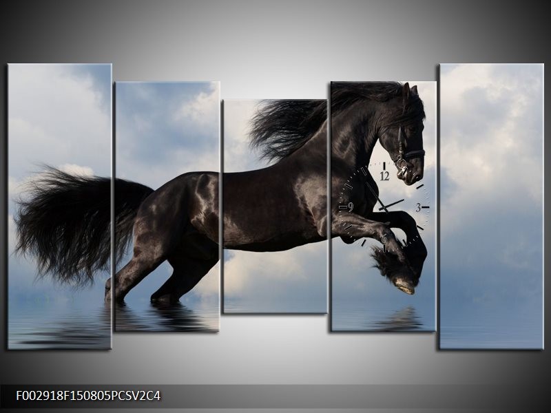 Klok schilderij Paard | Zwart, Blauw, Wit | 150x80cm 5Luik