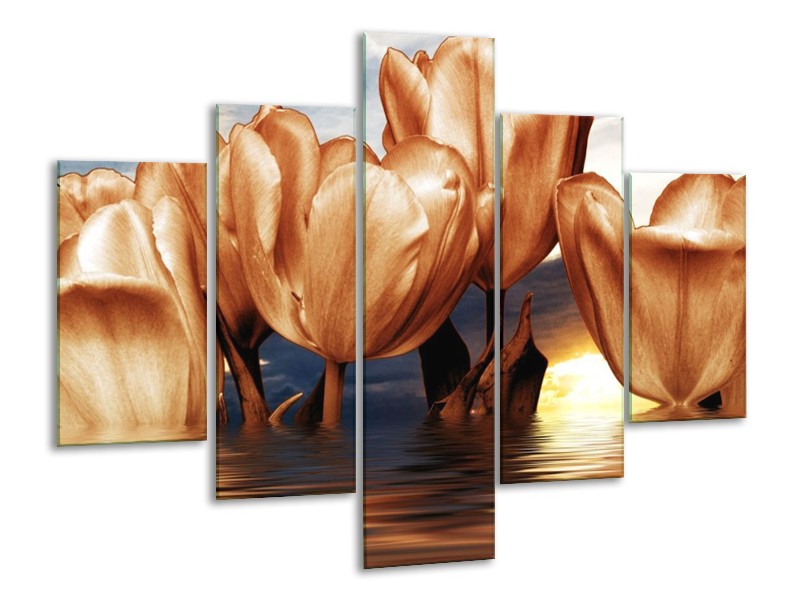 Canvas schilderij Tulpen | Bruin, Geel, Blauw | 100x70cm 5Luik
