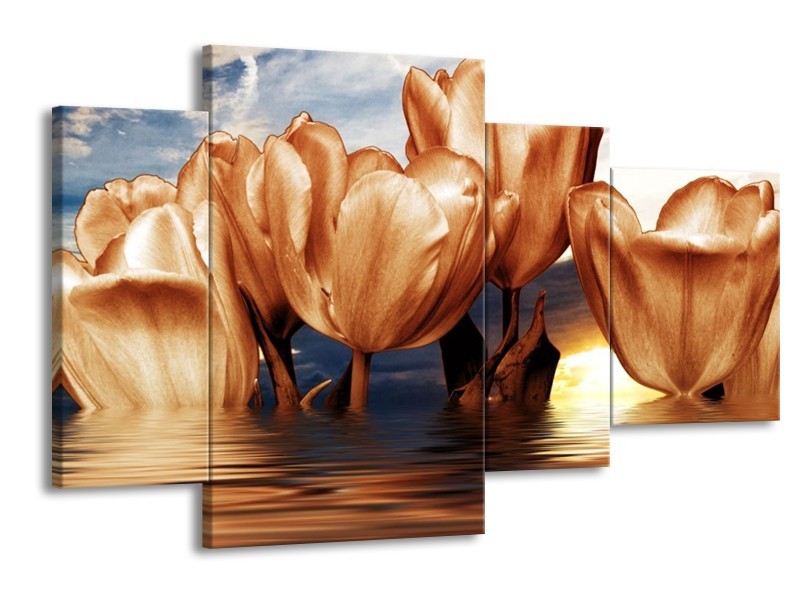 Canvas schilderij Tulpen | Bruin, Geel, Blauw | 120x75cm 4Luik