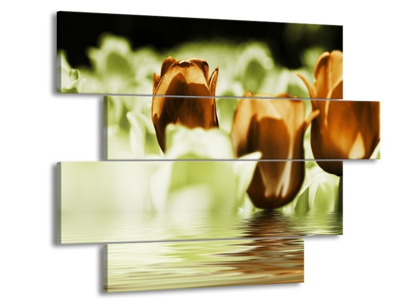 Canvas schilderij Tulpen | Bruin, Groen | 115x85cm 4Luik