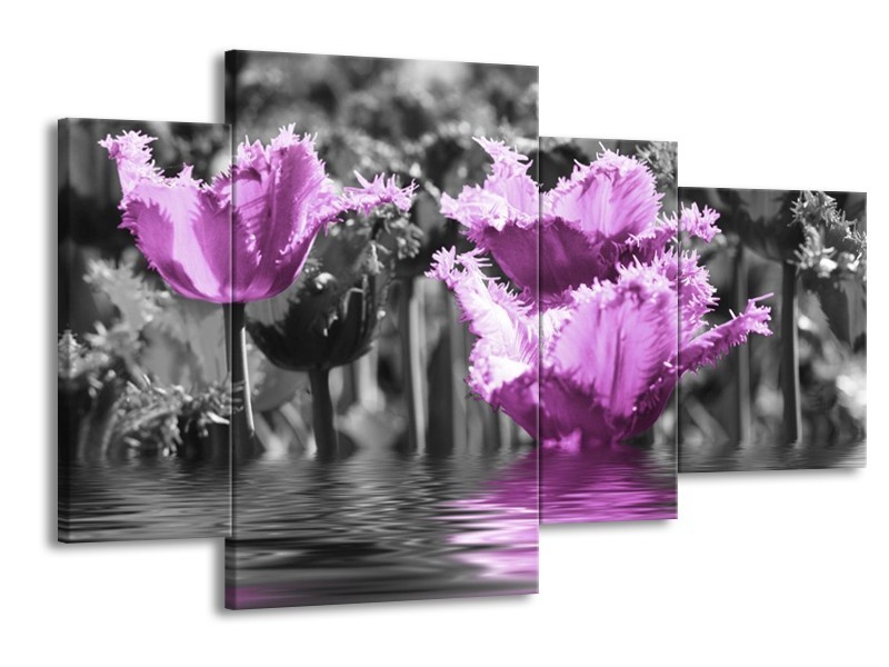 Canvas schilderij Tulpen | Zwart, Paars, Grijs | 120x75cm 4Luik