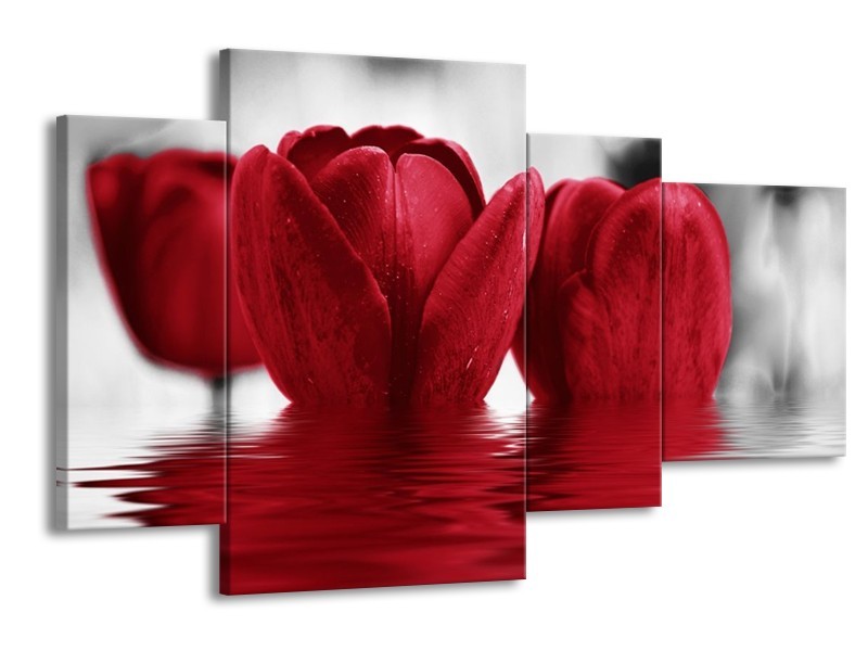 Canvas schilderij Tulpen | Zwart, Rood, Grijs | 120x75cm 4Luik