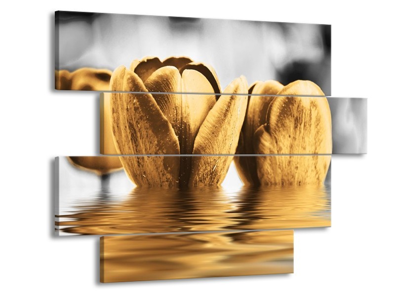Canvas schilderij Tulpen | Zwart, Goud, Grijs | 115x85cm 4Luik