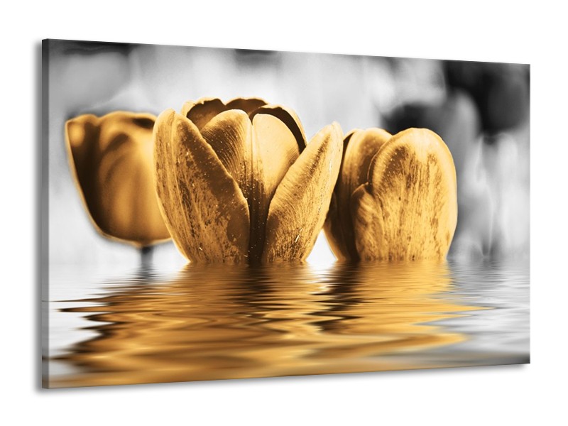 Canvas schilderij Tulpen | Zwart, Goud, Grijs | 140x90cm 1Luik