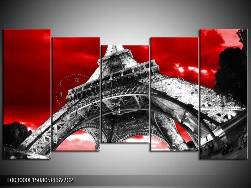 Klok schilderij Eiffeltoren | Rood, Zwart, Grijs | 150x80cm 5Luik